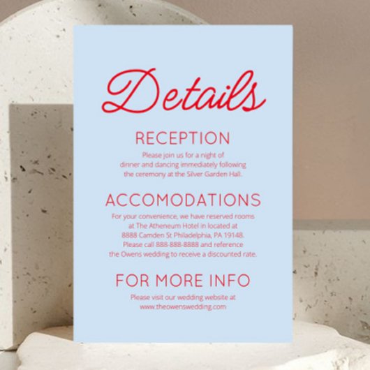 Carte D'accompagnement Modern Minimalist Blue Red Wedding Details