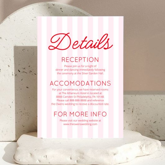 Carte D'accompagnement Modern Minimalist Red Pink Stripes Wedding Details