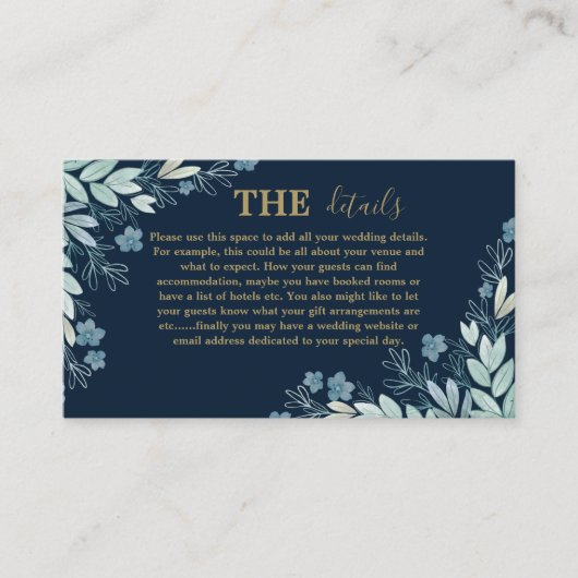 Carte D'accompagnement Modern Navy Blue & Gold Botanical Détails Mariage (Devant)