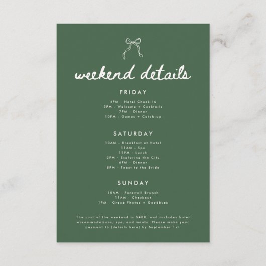Carte D'accompagnement Modern Olive Green Bachelorette Weekend Details (Devant)