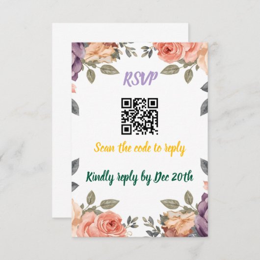Carte D'accompagnement Modern Purple Floral QR Code RSVP | Scan to Reply  (Devant / Derrière)