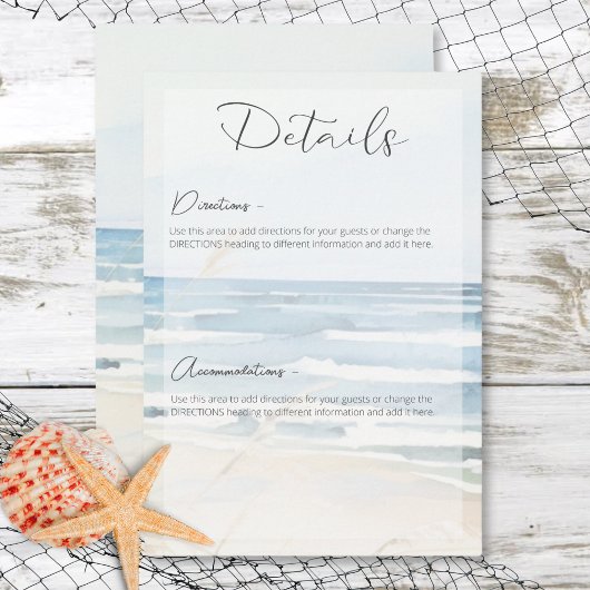 Carte D'accompagnement Modern Seaside Watercolor Beach Détails de mariage