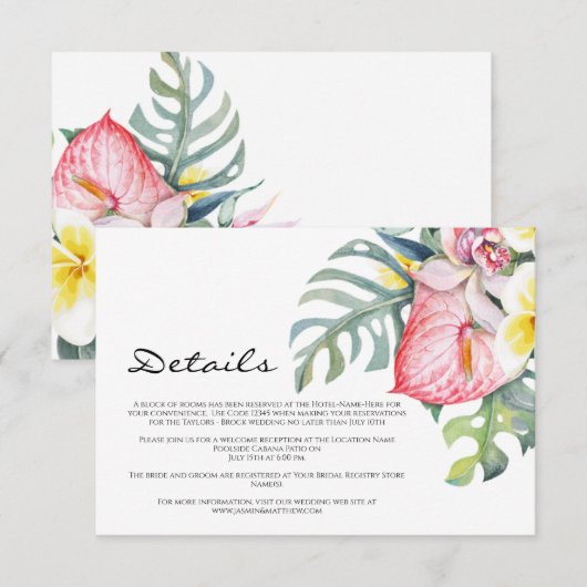 Carte D'accompagnement Modern Tropical Floral Hawaii Wedding (Devant / Derrière)