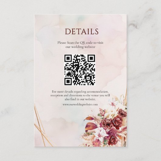 Carte D'accompagnement Modern White Burgundy Flowers QR Code Details (Devant)
