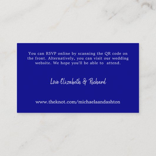 Carte D'accompagnement Moderne Blue RSVP Mariage site web QR Code (Dos)