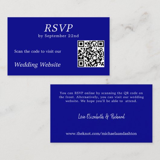 Carte D'accompagnement Moderne Blue RSVP Mariage site web QR Code (Devant / Derrière)