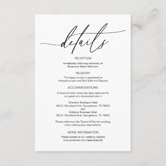 Carte D'accompagnement Moderne Calligraphie, Mariage Détails informations (Devant)