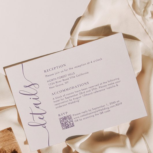 Carte D'accompagnement Moderne Chic Dusty Purple Script Détails Mariage
