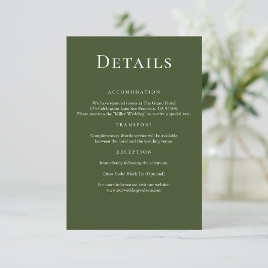 Carte D'accompagnement Moderne Elegant Olive Green Détails Mariage (Debout devant)