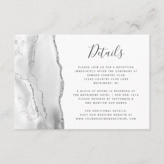 Carte D'accompagnement Moderne Gris Blanc Argent Agate Détails Mariage (Devant)
