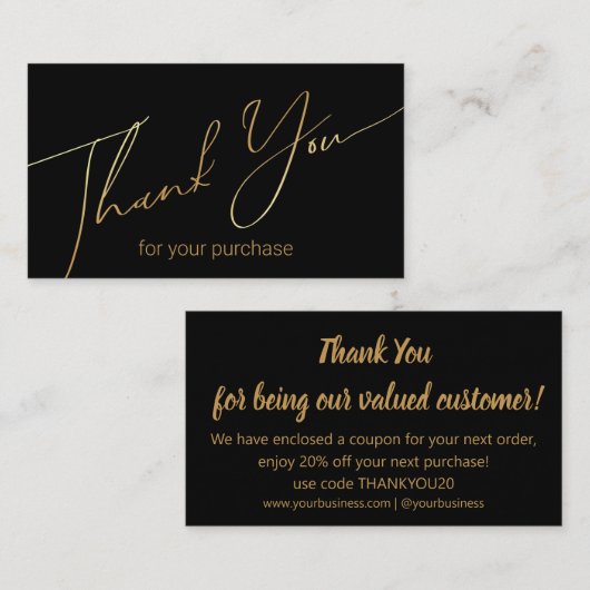 Carte D'accompagnement moderne merci petite entreprise noir or script (Devant / Derrière)