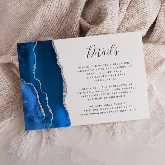 Carte D'accompagnement Moderne Royal Blue Silver Agate Détails du Mariage