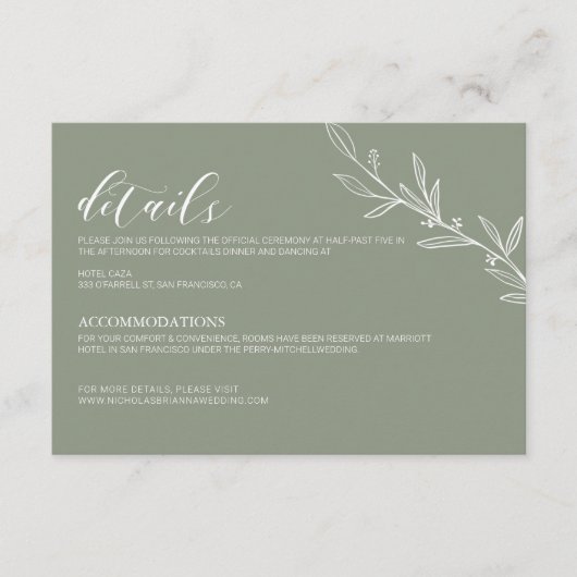 Carte D'accompagnement Moderne Sage Vert Élégant Mariage Minimal Détails (Devant)