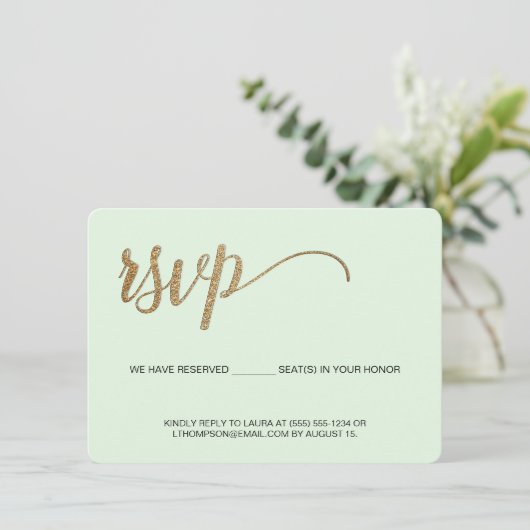 Carte D'accompagnement Monnaie vert faux or Siège réservé RSVP sans envoi (Debout devant)