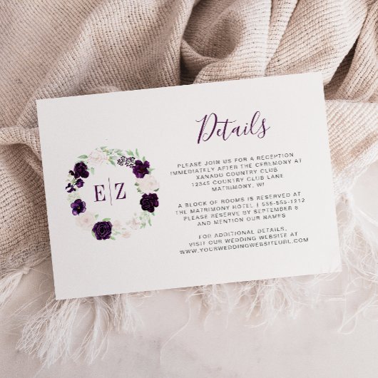 Carte D'accompagnement Monogram Purple Floral Wreath Détails du Mariage