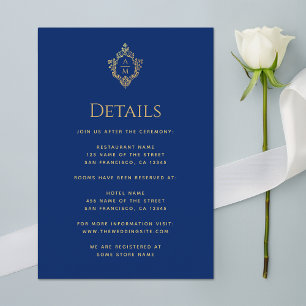 Carte D'accompagnement Monogram Royal Blue Détails du Mariage Gold Crest