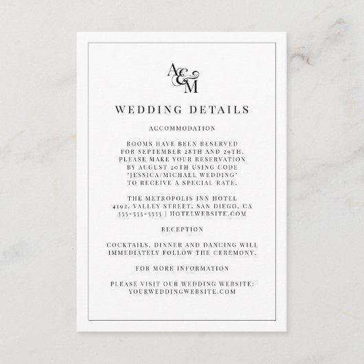 Carte D'accompagnement Monogramme blanc noir simple et moderne Détails du (Devant)