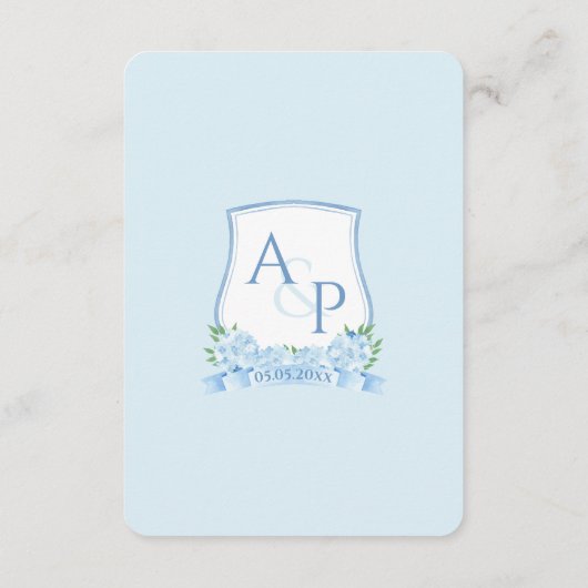 Carte D'accompagnement Monogramme bleu et blanc QR Code Détails du Mariag (Dos)