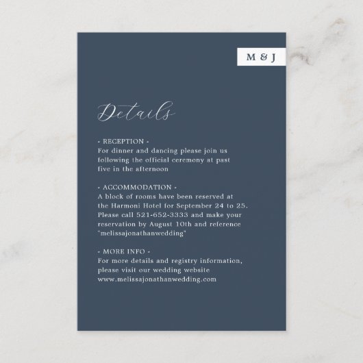 Carte D'accompagnement Monogramme bleu marine classique Détails du Mariag (Devant)