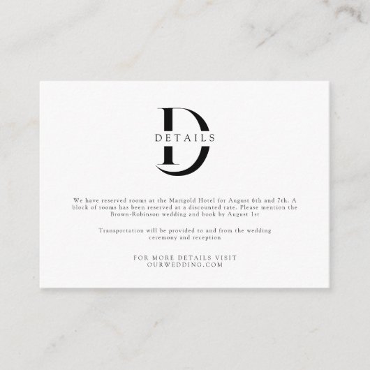 Carte D'accompagnement Monogramme classique sophistiqué Détails du Mariag (Devant)