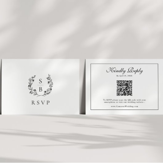 Carte D'accompagnement Monogramme couronne botanique QR Code Mariage RSVP