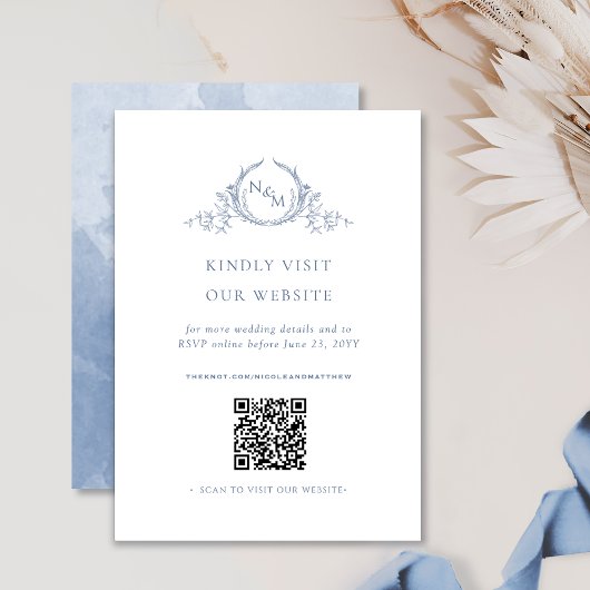 Carte D'accompagnement Monogramme d'aquarelle bleu Dusty QR Code/RSVP en