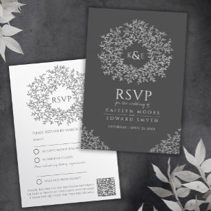 Carte D'accompagnement monogramme de feuille gris foncé RSVP mariage QR C