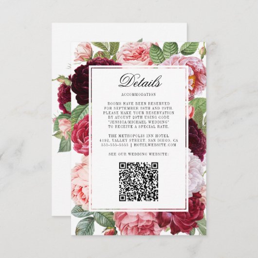 Carte D'accompagnement Monogramme Elegant Rose Détails du Mariage QR Code (Devant / Derrière)