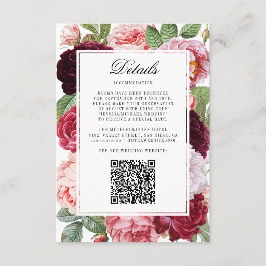 Carte D'accompagnement Monogramme Elegant Rose Détails du Mariage QR Code (Devant)