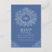 Carte D'accompagnement monogramme feuille bleu RSVP mariage QR Code (Devant)