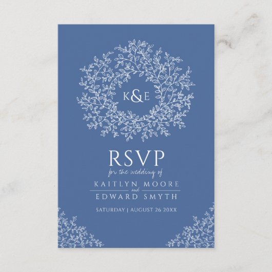 Carte D'accompagnement monogramme feuille bleu RSVP mariage QR Code (Devant)
