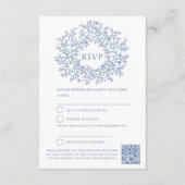 Carte D'accompagnement monogramme feuille bleu RSVP mariage QR Code (Dos)