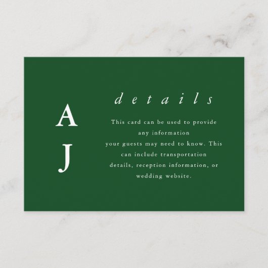 Carte D'accompagnement Monogramme minimal Emerald Green Mariage Détails (Devant)