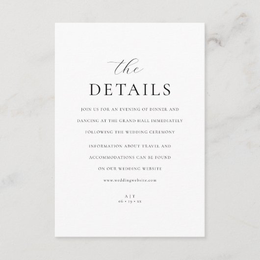 Carte D'accompagnement Monogramme moderne Elegant Script Détails Mariage (Devant)