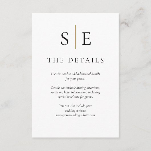 Carte D'accompagnement Monogramme noir et or Détails simples du Mariage (Devant)