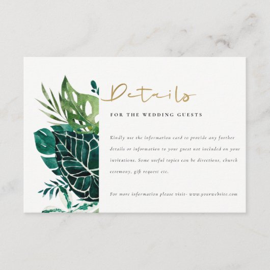 Carte D'accompagnement Monstera Tropical Green Foliage Détails Mariage En (Devant)