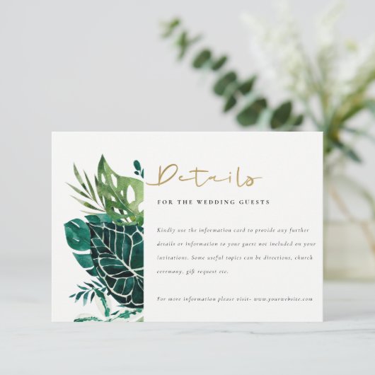 Carte D'accompagnement Monstera Tropical Green Foliage Détails Mariage En (Debout devant)