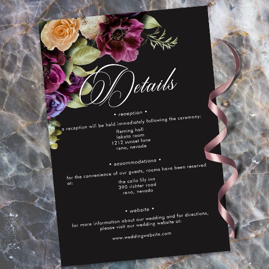 Carte D'accompagnement Moody Dark Floral Black Burgundy Romantic Wedding