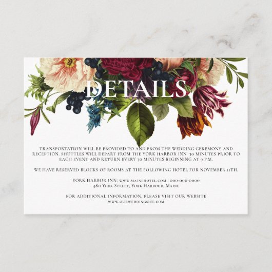 Carte D'accompagnement Moody Floral Bourgogne détails Mariage (Devant)