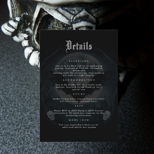Carte D'accompagnement Moon Skull Bats Gothique Mariage noir Détails