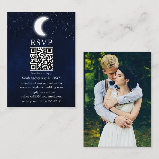 Carte D'accompagnement Moon Stars Mariage céleste QR Photo RSVP (Devant / Derrière)