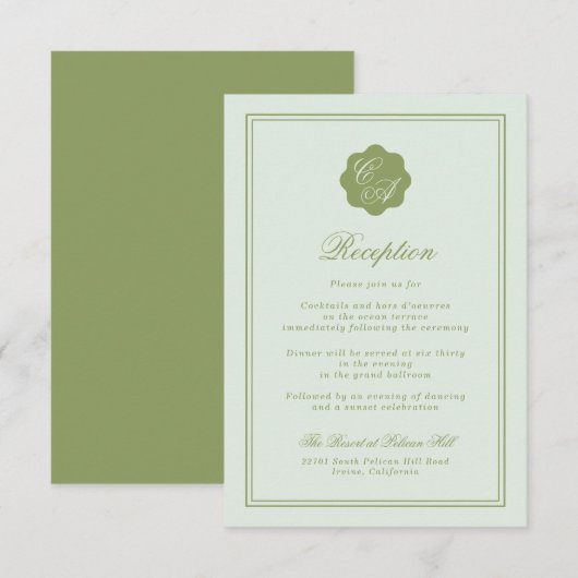 Carte D'accompagnement Moss Green Monogram Reception Card (Devant / Derrière)