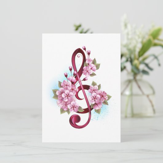Carte D'accompagnement Musical treble clef notes with sakura flowers (Debout devant)