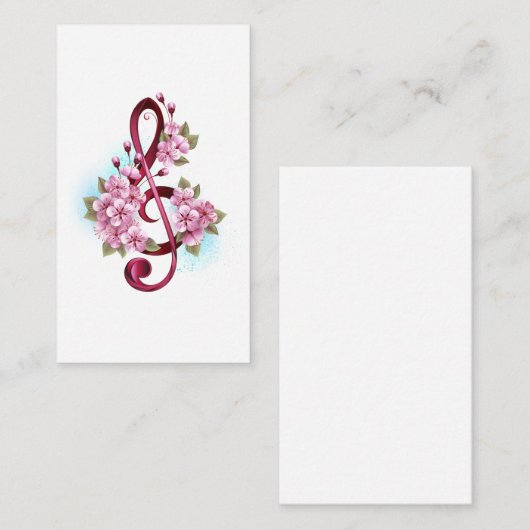 Carte D'accompagnement Musical treble clef notes with sakura flowers (Devant / Derrière)
