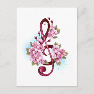Carte D'accompagnement Musical treble clef notes with sakura flowers