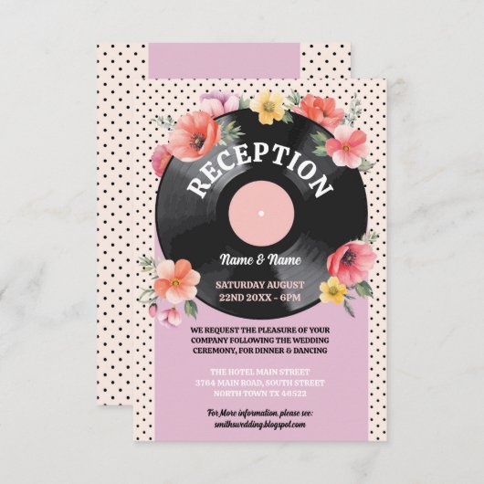 Carte D'accompagnement Musique de réception de mariage Disque Fleurs de m (Devant / Derrière)