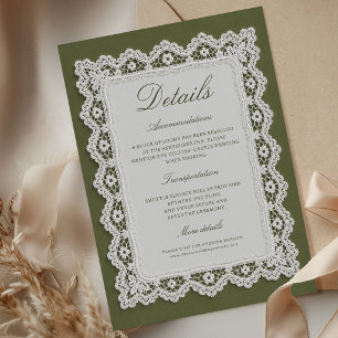 Carte D'accompagnement Nappe en dentelle d'argent vert olive Détails de m