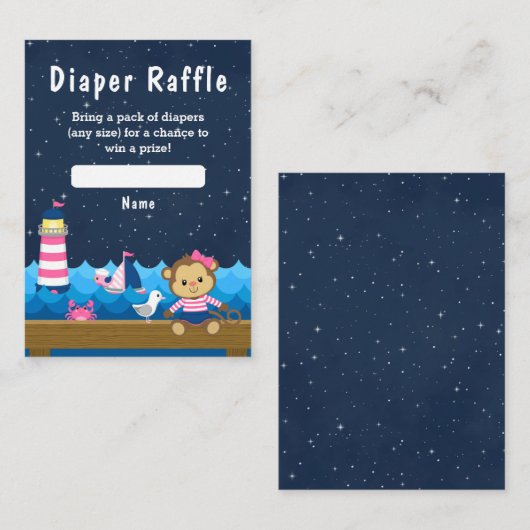 Carte D'accompagnement Nautical Girl Monkey Pink et Navy Diaper Raffle (Devant / Derrière)