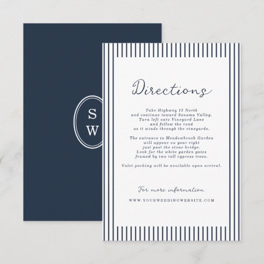 Carte D'accompagnement Nautical Navy Stripe Wedding Directions Card (Devant / Derrière)
