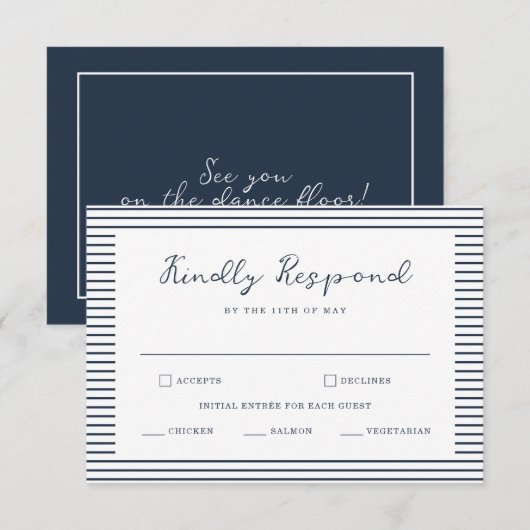 Carte D'accompagnement Nautical Navy Stripe Wedding RSVP Card (Devant / Derrière)